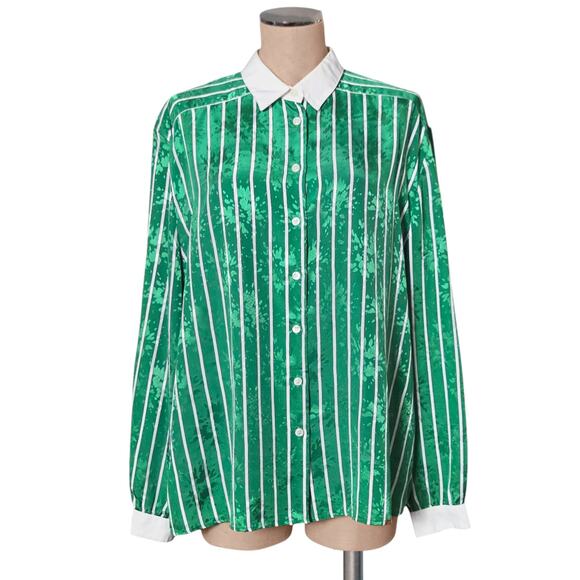 PYKE Limited Green Print Button Down Blouse Shirt Top L XL - Picture 1 of 2